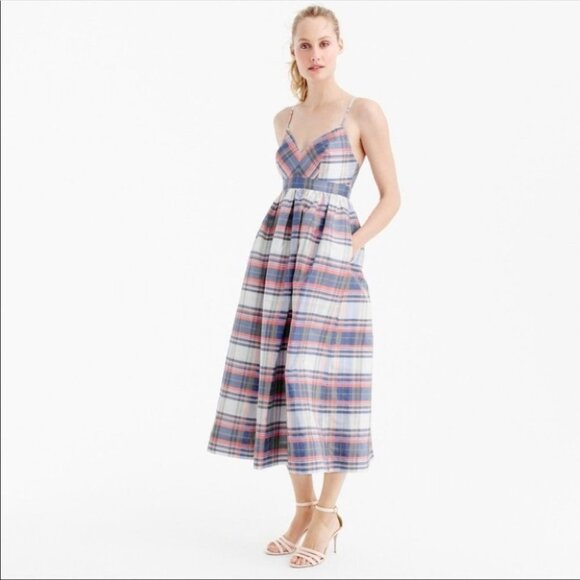 NWT J. Crew Shantung Silk Blue Plaid Print Midi Dress Sz 6 - Picture 1 of 12